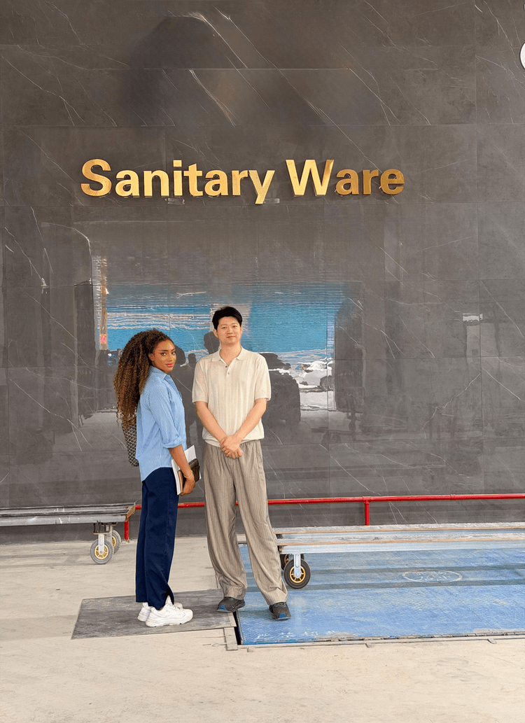 Khadijatou Sada Ndiaye, Founder and CEO of Hakilarte Works, with a representative of a selected sanitary-ware manufacturer